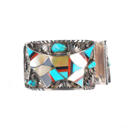 6.5" Vintage Navajo sterling silver Zuni inlaid turquoise cuff bracelet