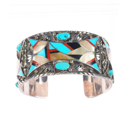 6.5" Vintage Navajo sterling silver Zuni inlaid turquoise cuff bracelet