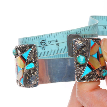 6.5" Vintage Navajo sterling silver Zuni inlaid turquoise cuff bracelet