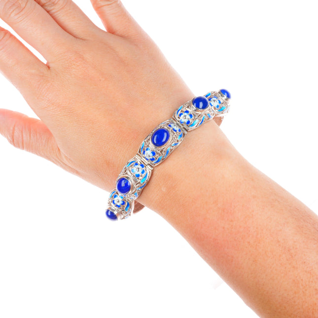 7.75" Vintage Chinese enamel sterling silver lapis link filigree bracelet