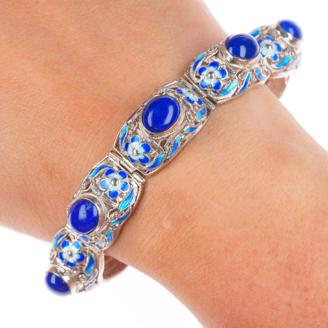 7.75" Vintage Chinese enamel sterling silver lapis link filigree bracelet