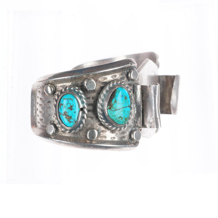 7" c1960's vintage Navajo sterling silver heavy watch cuff bracelet w/turquoise