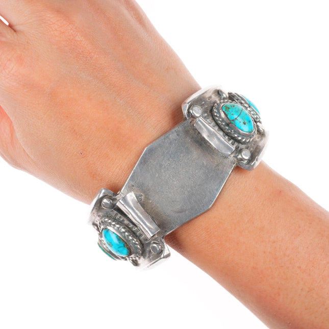 7" c1960's vintage Navajo sterling silver heavy watch cuff bracelet w/turquoise