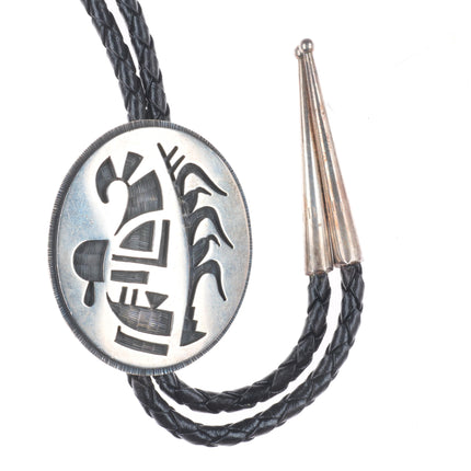 Roger Selina  Hopi sterling silver bolo tie corn plant/kachina overlay