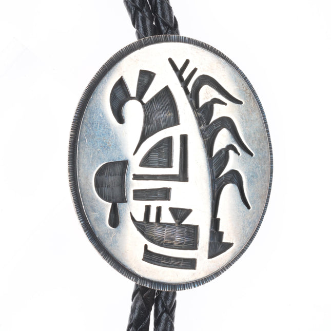 Roger Selina  Hopi sterling silver bolo tie corn plant/kachina overlay