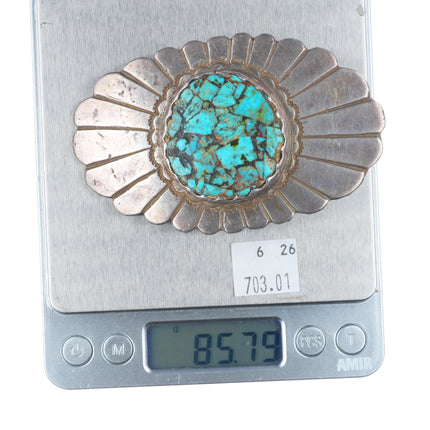 Chief Shatka Bear-Step vintage sterling silver chiseled belt buckle w/ turquoise