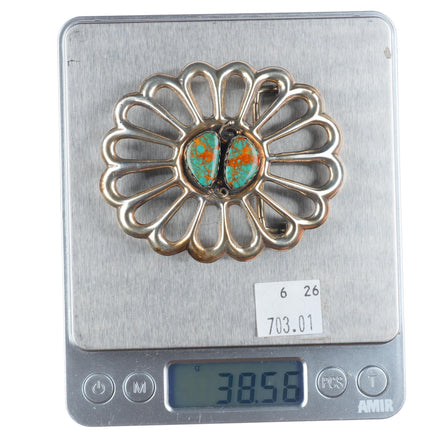 Vintage Navajo sterling silver sandcast belt buckle with high grade turquoise