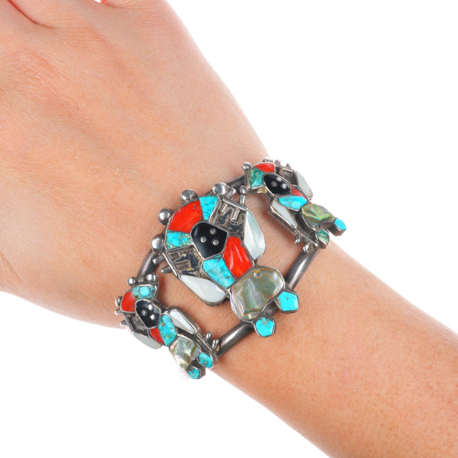 6.3" Vintage Zuni Gan dancer turquoise/coral/shell sterling silver cuff bracelet