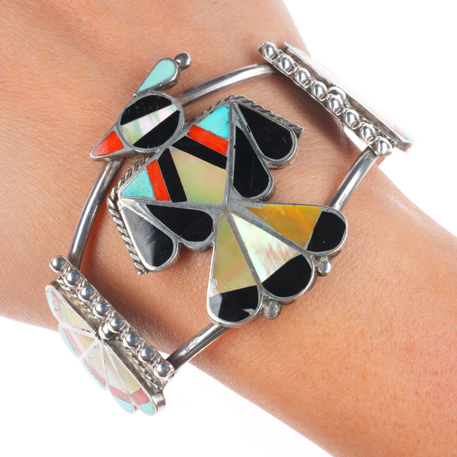 7.25" Vintage Zuni sterling silver multi-stone inlay thunderbird cuff bracelet