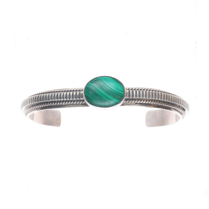 6.6" Vintage Navajo chiseled sterling silver malachite stone slim cuff bracelet