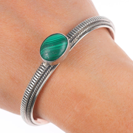 6.6" Vintage Navajo chiseled sterling silver malachite stone slim cuff bracelet