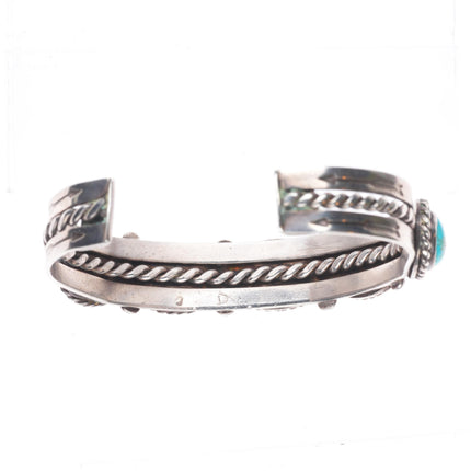6.6" c1940 Vintage Navajo sterling silver turquoise row cuff bracelet rope bezel