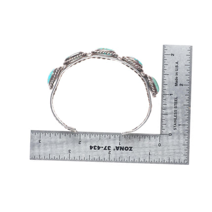 6.6" c1940 Vintage Navajo sterling silver turquoise row cuff bracelet rope bezel