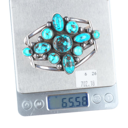 6.75" Vintage Navajo sterling silver cluster cuff bracelet with nice turquoise