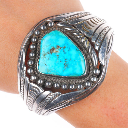 6.1" Vintage Navajo sterling silver twisted wire turquoise cuff bracelet