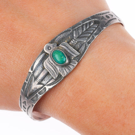 6.3" Vintage Fred Harvey Thunderbird sterling silver turquoise cuff bracelet