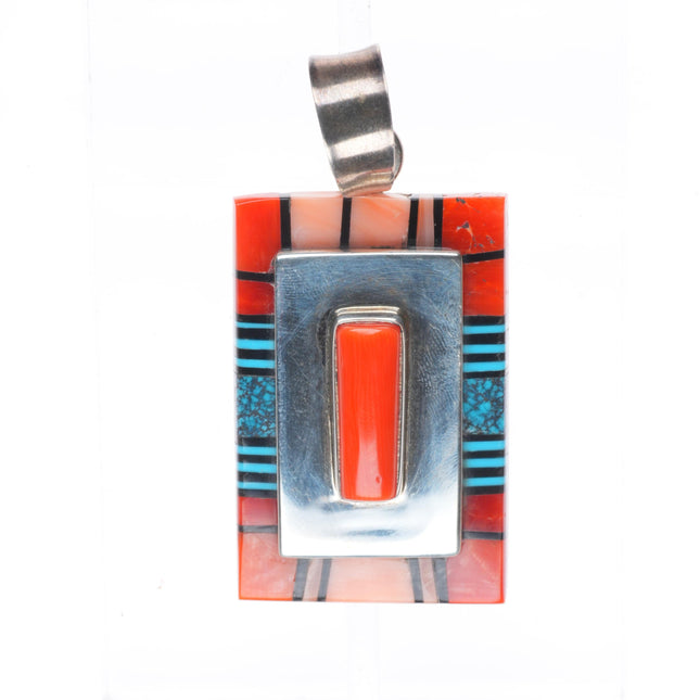 Philbert Begay Navajo sterling silver spiderweb turquoise/coral inlay pendant