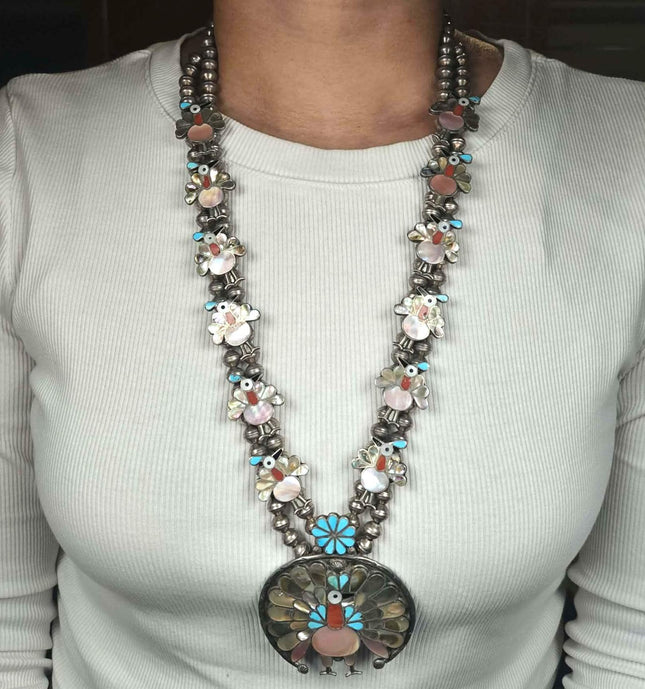 Vintage Zuni sterling silver turkey turquoise/coral squash blossom necklace