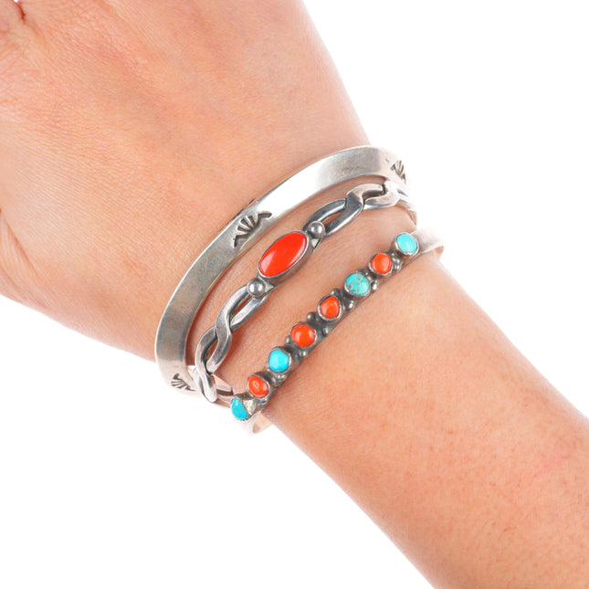 6.1"-6.5" Vintage Zuni/Navajo turquoise/coral/sterling silver cuff bracelets