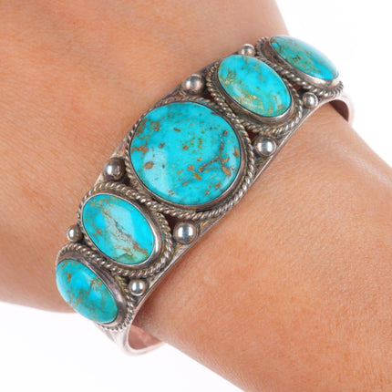 6.25" c1930 Vintage Navajo ingot silver deep stamped turquoise row cuff bracelet
