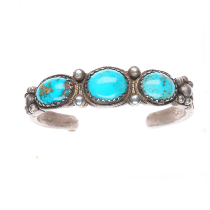 6.4" Antique Navajo ingot silver chiseled/filed 3 stone turquoise cuff bracelet