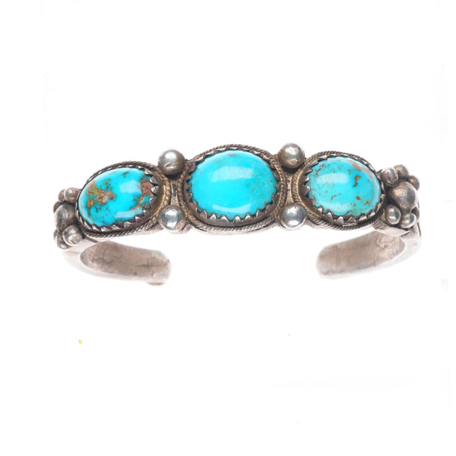 6.4" Antique Navajo ingot silver chiseled/filed 3 stone turquoise cuff bracelet
