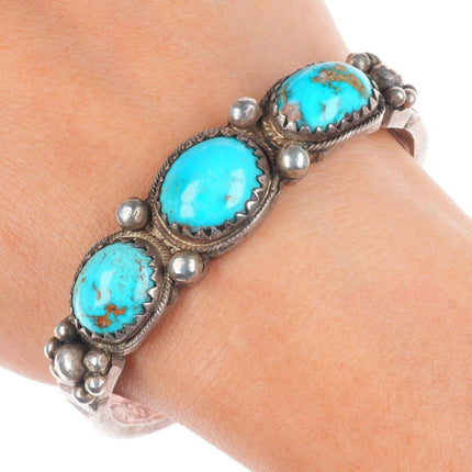 6.4" Antique Navajo ingot silver chiseled/filed 3 stone turquoise cuff bracelet