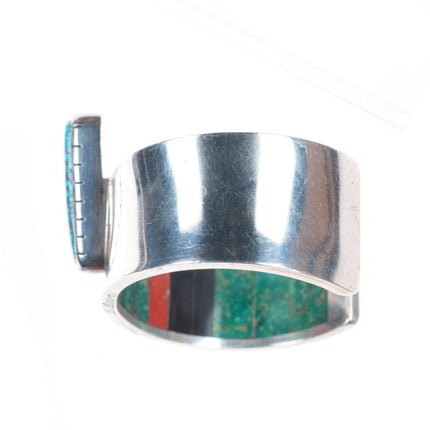 6" Bobby Tewa Hopi inside turquoise/coral inlaid sterling silver cuff bracelet