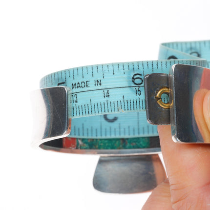 6" Bobby Tewa Hopi inside turquoise/coral inlaid sterling silver cuff bracelet