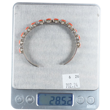 6.9" Spencer Navajo sterling silver square cut natural red coral cuff bracelet