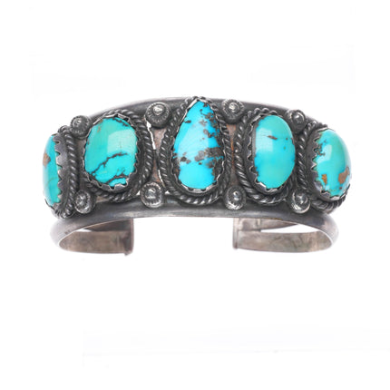 7.1" c1940's vintage Navajo sterling silver row cuff bracelet w/ nice turquoise