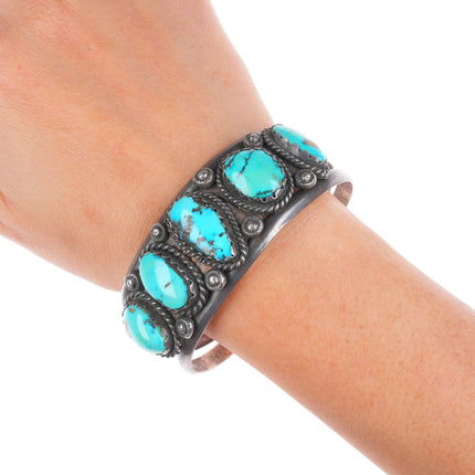 7.1" c1940's vintage Navajo sterling silver row cuff bracelet w/ nice turquoise