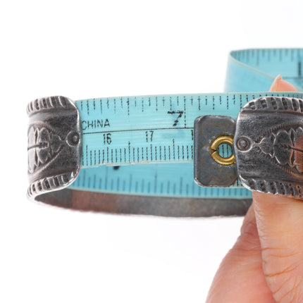 7" Vintage Navajo Revival stamped sterling silver turquoise cuff bracelet