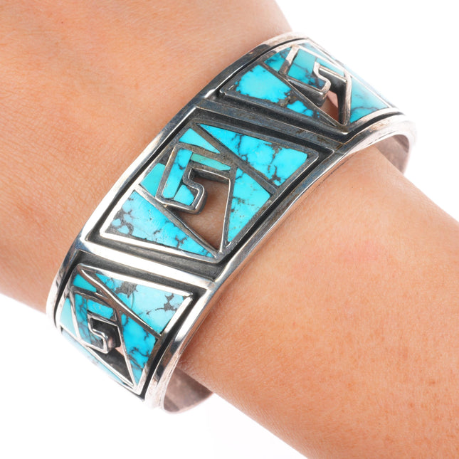 7" Vintage Zuni sterling silver turquoise inlay cuff bracelet wave/water design