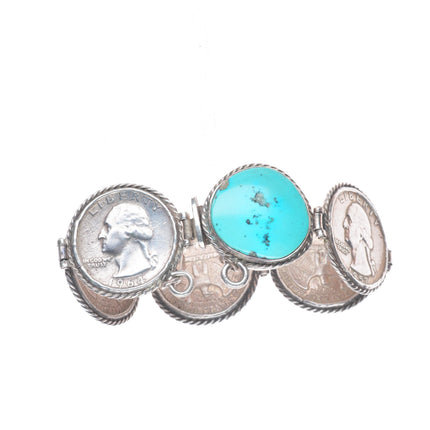 6.25" Vintage southwestern sterling silver turquoise  90% quarters link bracelet