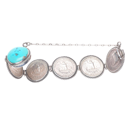 6.25" Vintage southwestern sterling silver turquoise  90% quarters link bracelet