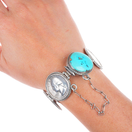 6.25" Vintage southwestern sterling silver turquoise  90% quarters link bracelet