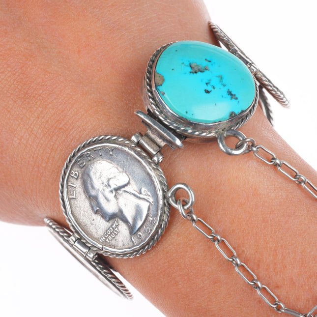 6.25" Vintage southwestern sterling silver turquoise  90% quarters link bracelet