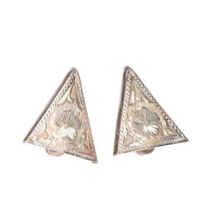 Vintage hand engraved sterling silver collar tips