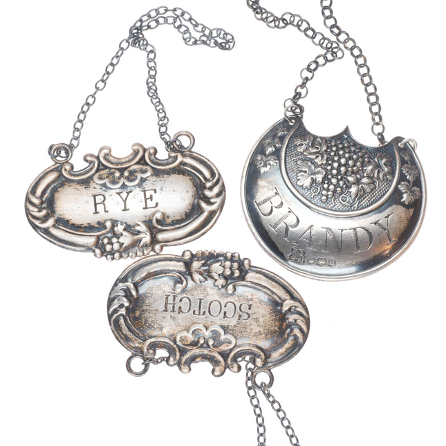 3 Vintage sterling silver Rye/Brandy/Scotch liquor bottle tags