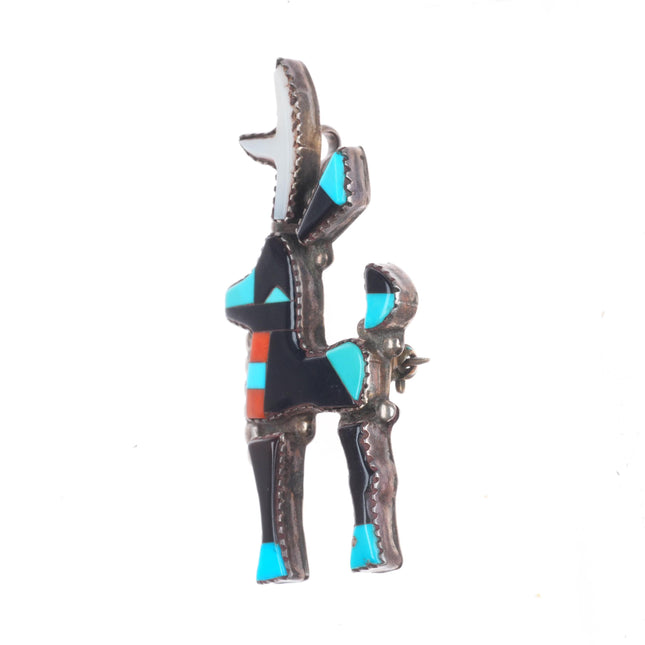 Vintage Alonzo Hustito Zuni sterling silver Antelope pendant/pin turquoise/coral