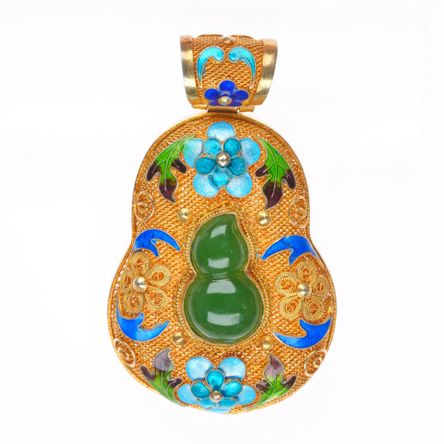 Large vintage nephrite jade gilt sterling silver enamel Chinese pendant