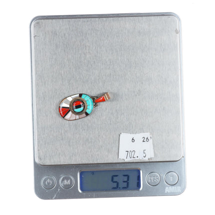 Don Dewa Zuni sterling silver, turquoise, coral, shell spinner pendant