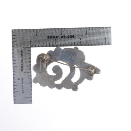 Vintage cast/stamped Zuni sterling silver pin with turquoise
