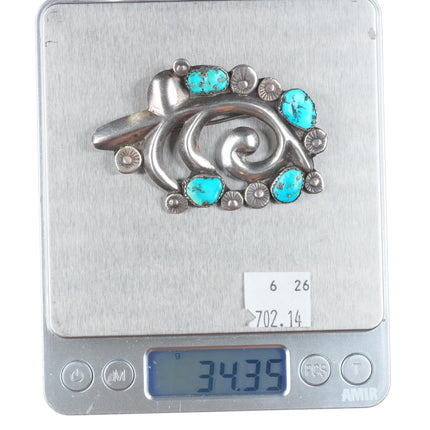 Vintage cast/stamped Zuni sterling silver pin with turquoise