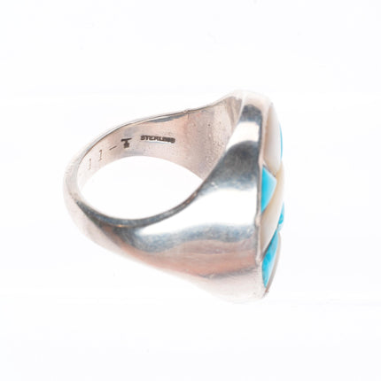 sz11.5 Vintage Navajo sterling silver turquoise/shell channel inlay men's ring