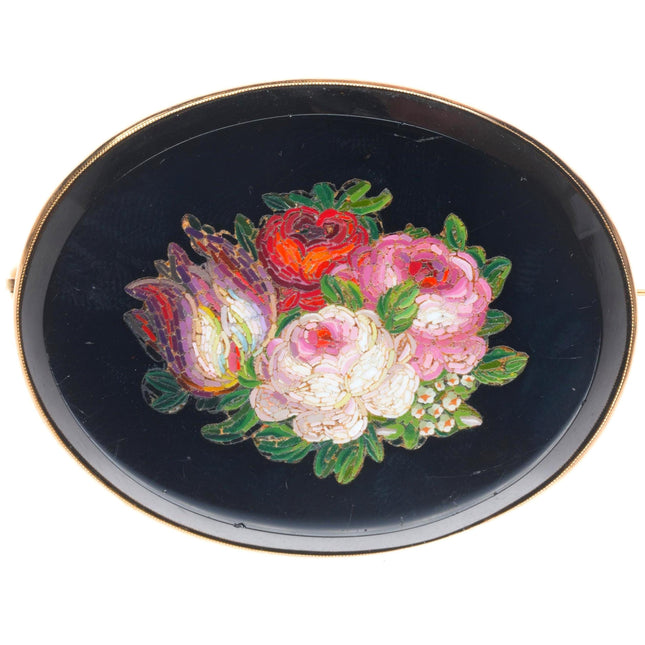 Antique Roman 14k gold micro-mosaic rose/flower bouquet brooch/pin