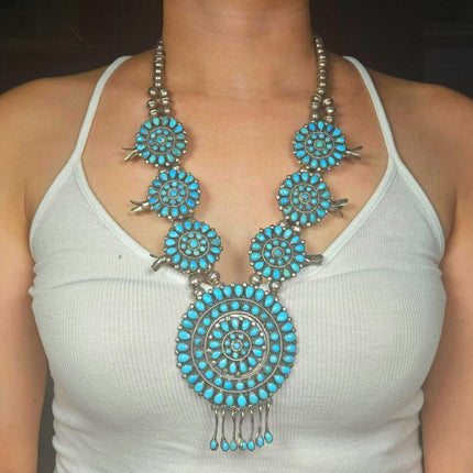 Vintage J Begay Navajo sterling silver squash blossom turquoise cluster necklace