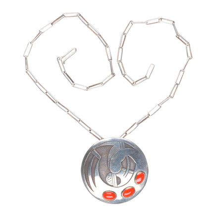 Leroy Kewanyama Hopi Large overlay pendant/necklace with coral sterling silver