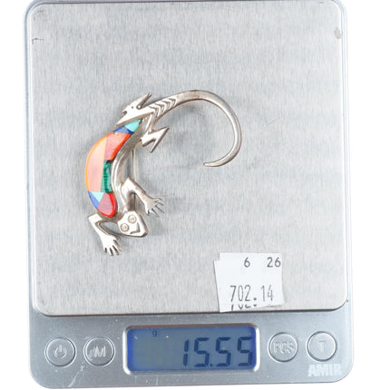 Frank Yazzie Navajo sterling silver-turquoise-coral-sp oyster gecko pin/brooch